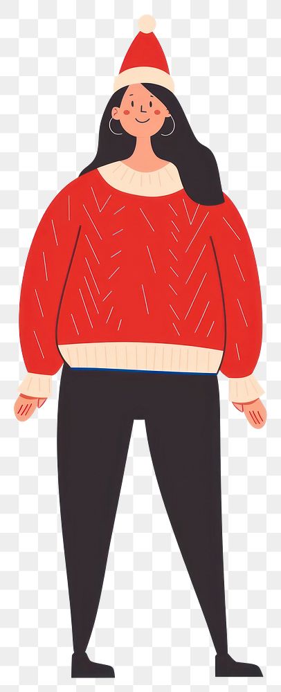 PNG Happy woman in a red sweater and christmas hat illustration clothing sweatshirt.