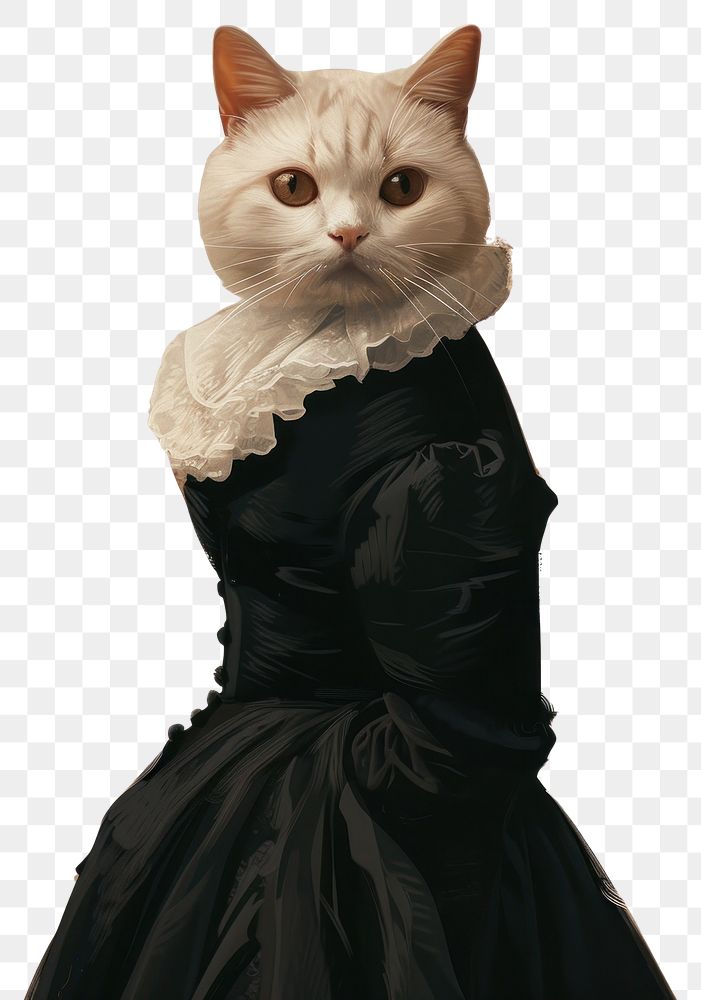 PNG A female persian shorthair cat wearing a black dress as in painting Madame X by Singer Sargent portrait animal human.