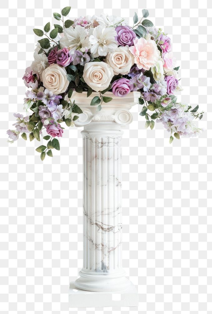 PNG White marble pillars decorated flower wedding arrangement.