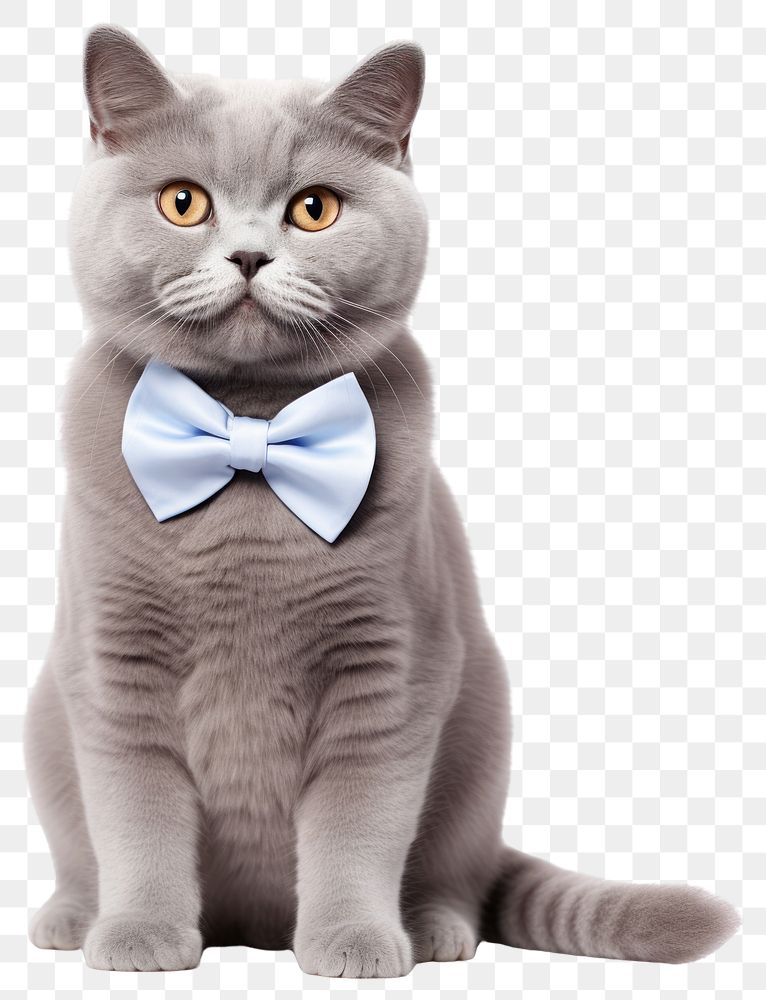 PNG British Shorthair cat wears white bow collar at wedding bowtie pet accessories.