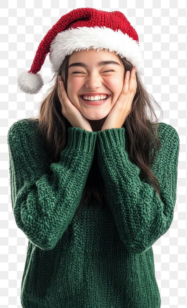 PNG Happy woman in a green sweater and Christmas hat winks christmas clothing holiday.