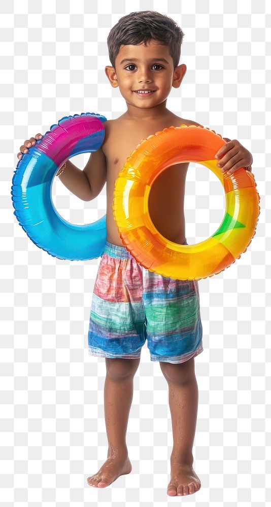 PNG Indian boy in beachwear child rings toys.