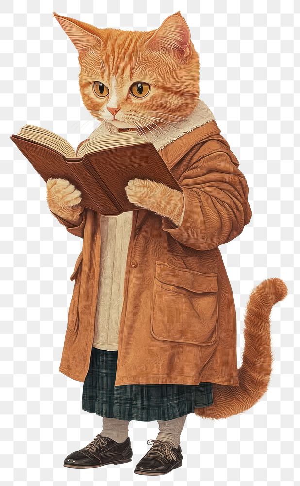 PNG Cat reading a book animal vintage human.