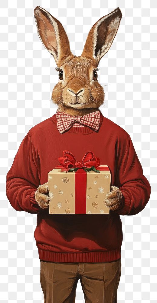 PNG Hare holding christmas gift box animal human illustration.