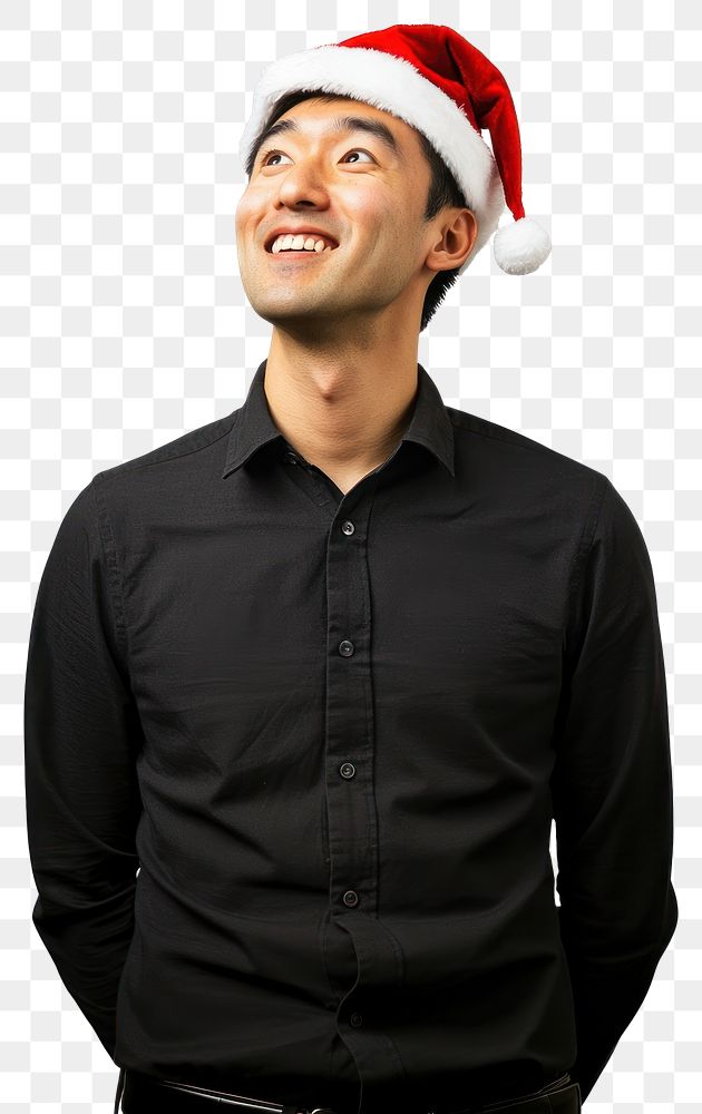 PNG A happy asian man wearing a christmas hat photography background portrait.