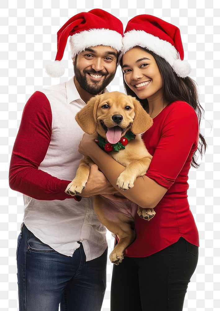 PNG A happy family wearing christmas hat carry a puppy portrait photography festive.