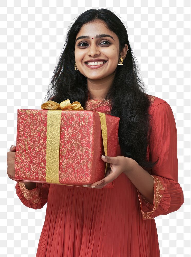 PNG A happy indian woman carry a christmas gift festive human celebration.