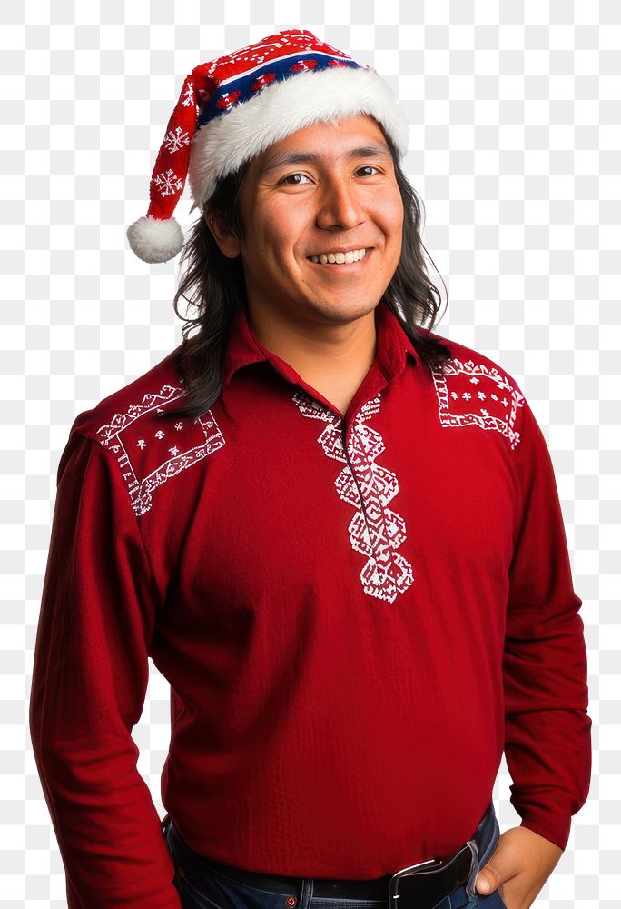 PNG A happy native american wearing christmas hat photography background clothing.