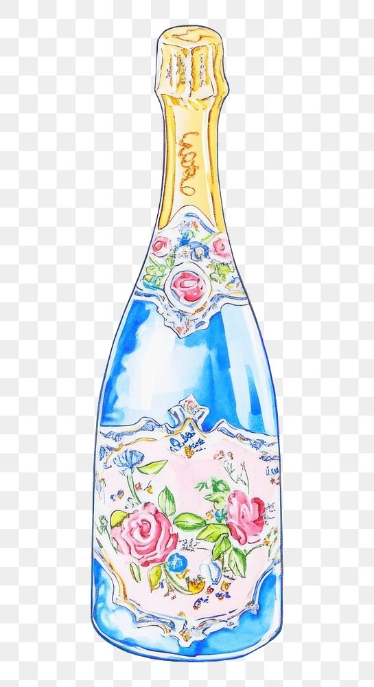 PNG A champagne bottle illustration blue pink.