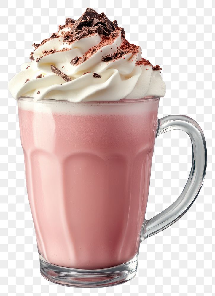 PNG A transparent glass mug of pink milk smoothie with whipping cream on top and cocoa power on top of the whipping cream…