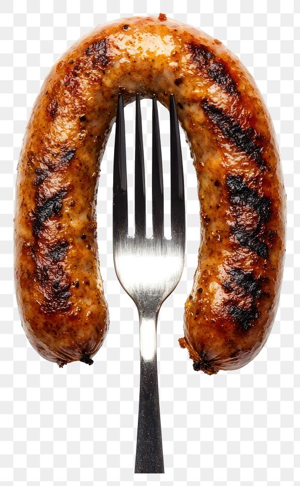 PNG An isolated one grilled sausage with fork pin in the middle of it food photography meat.