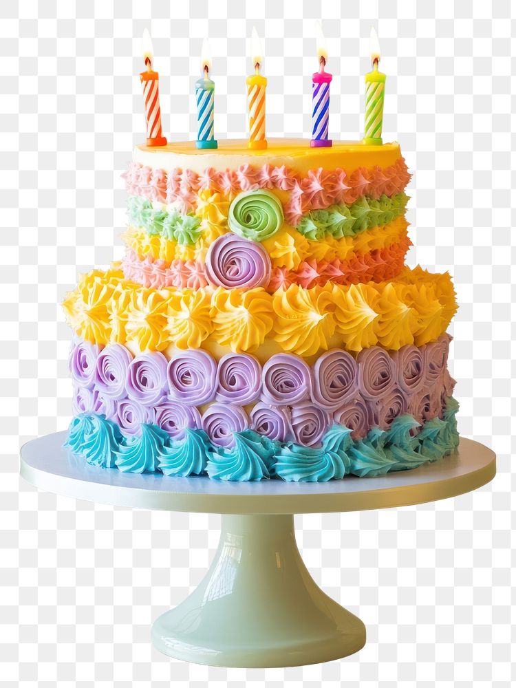 PNG Perfect two-tier colorful birthday cake dessert candles cream.