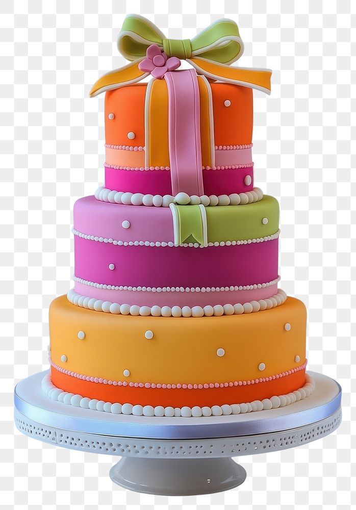 PNG Three-tier fondant birthday cake multicolored celebration decorative.