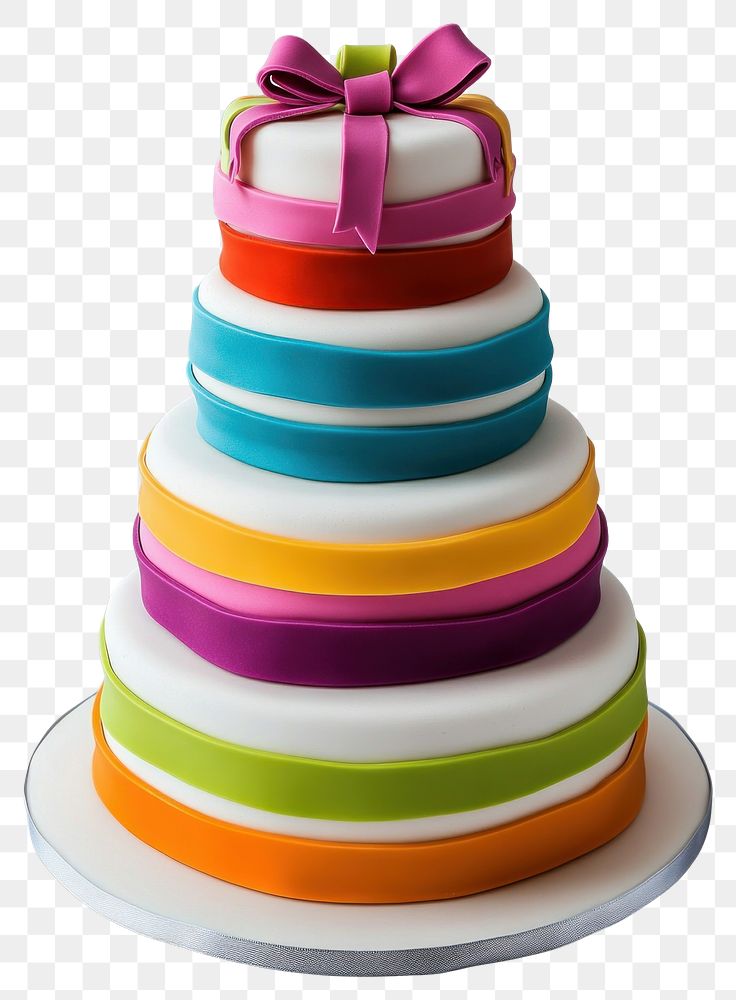 PNG Three-tier fondant birthday cake ribbon multicolored celebration.