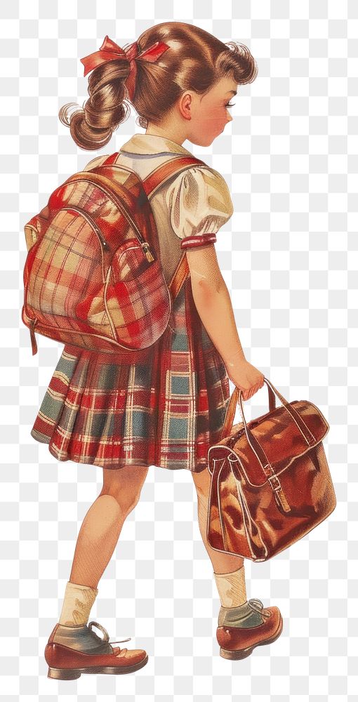 PNG Vintage illustration of cute girl Walking with school bag plaid style old-fashioned.