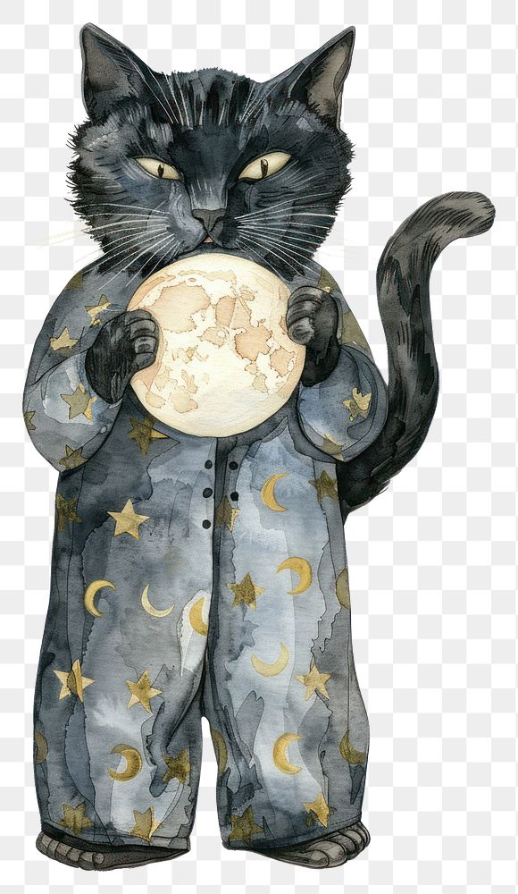 PNG Black cat watercolor illustration pajamas holding.