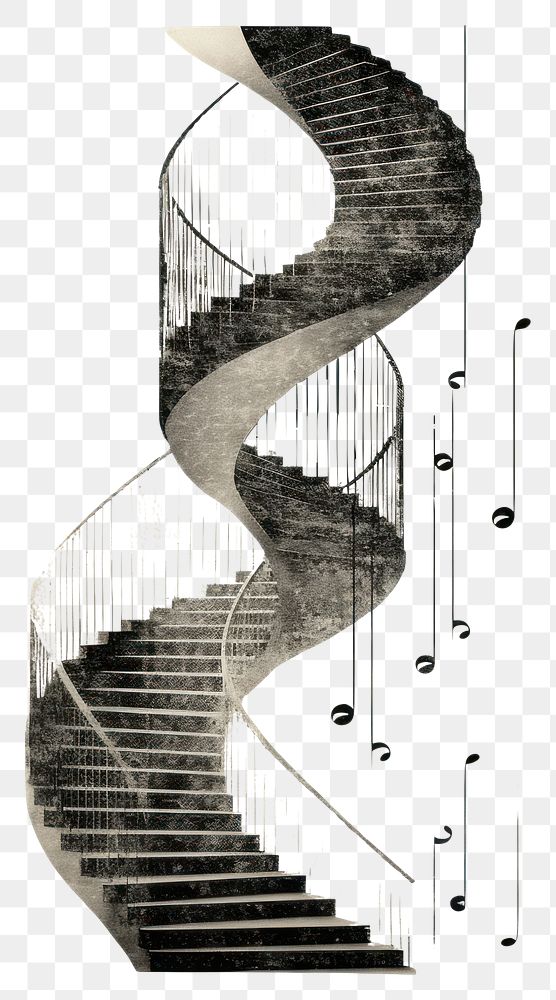 PNG A musical note unraveling into a spiraling staircase concept design black.