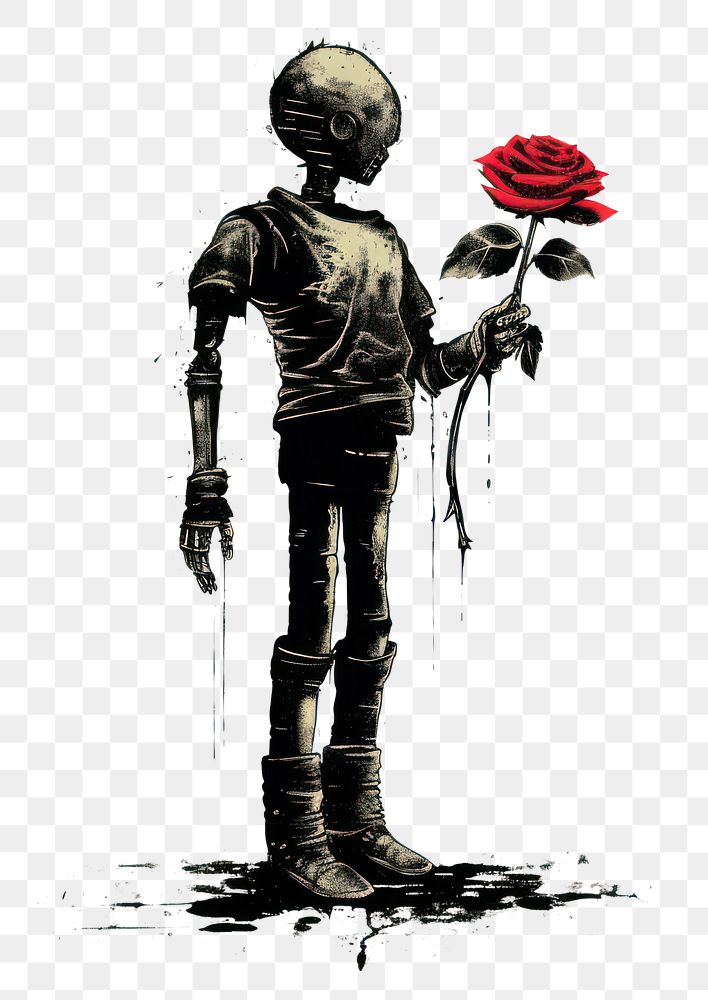 PNG A robot holding a wilted flower nature design rose.