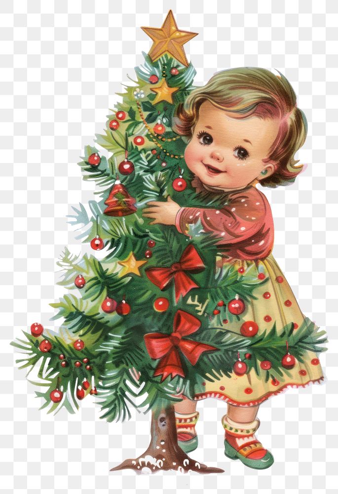 PNG Baby girl smile hugging a christmas tree vintage retro baby.