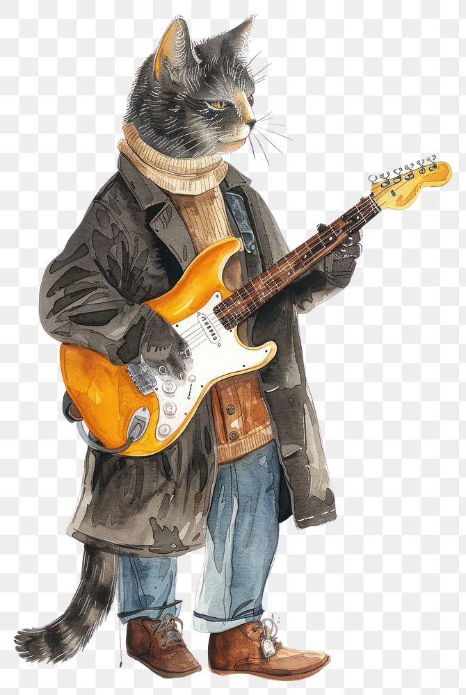 PNG Cat playing guitar watercolor cat illustration musician.