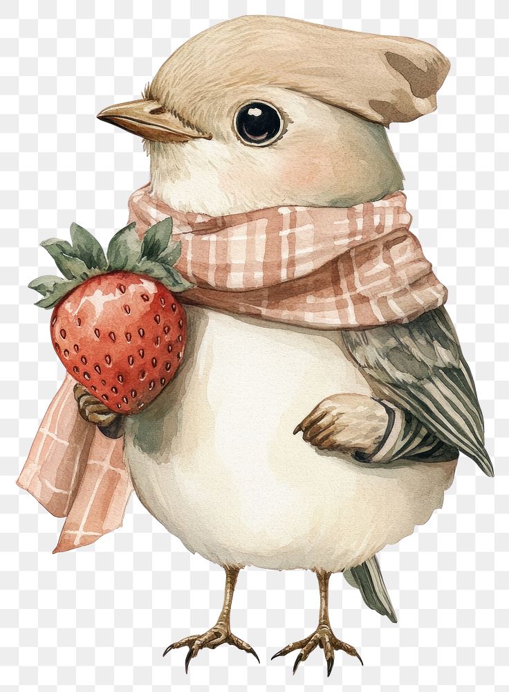 PNG A bird carry a strawberry illustration watercolor artwork.