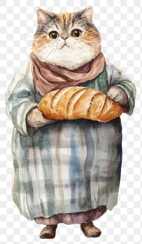 PNG A chubby cat carry a bread illustration watercolor clothing.