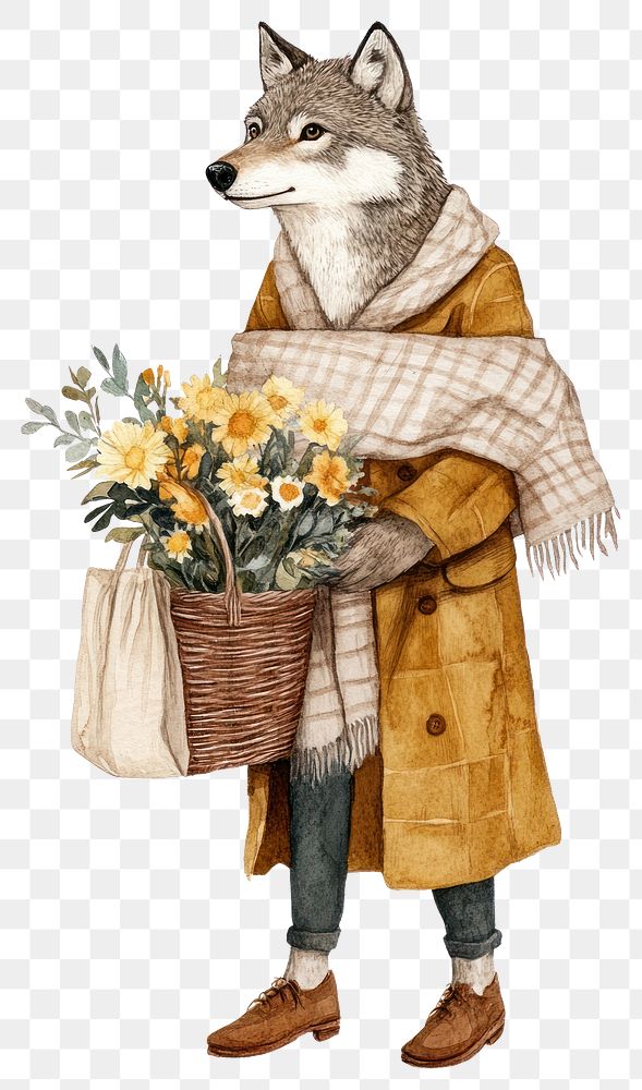 PNG A wolf carry a flower basket illustration watercolor clothing.