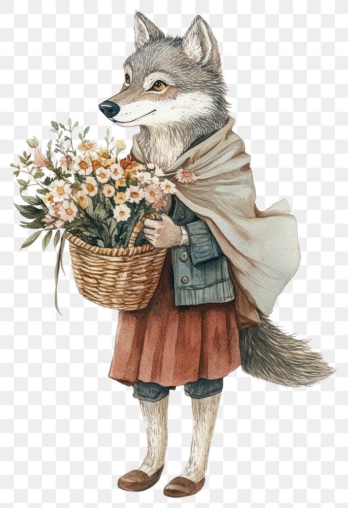 PNG A wolf carry a flower basket clothing illustration watercolor.