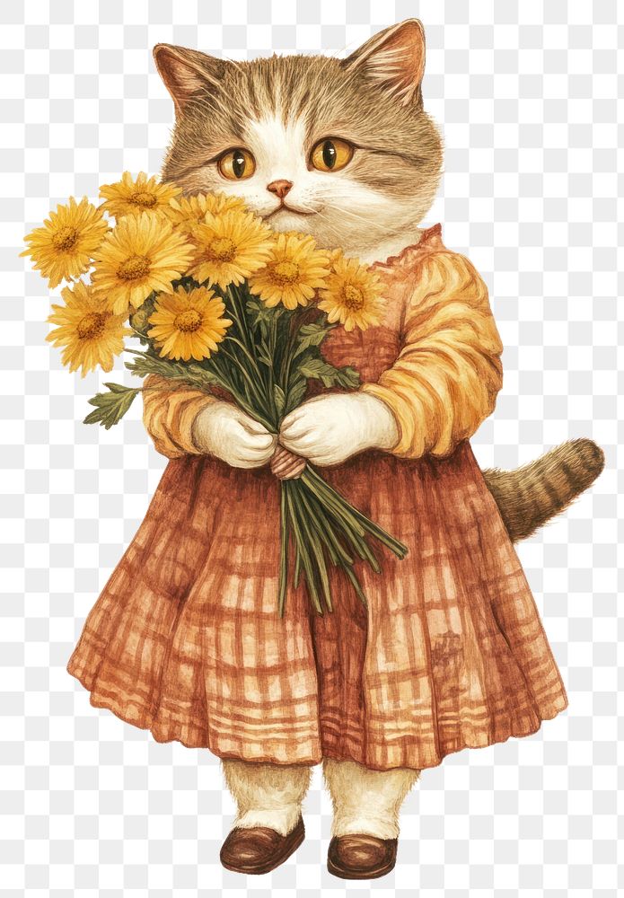 PNG A chubby cat wearing dress carry yellow flower bouquet flowers art illustration.