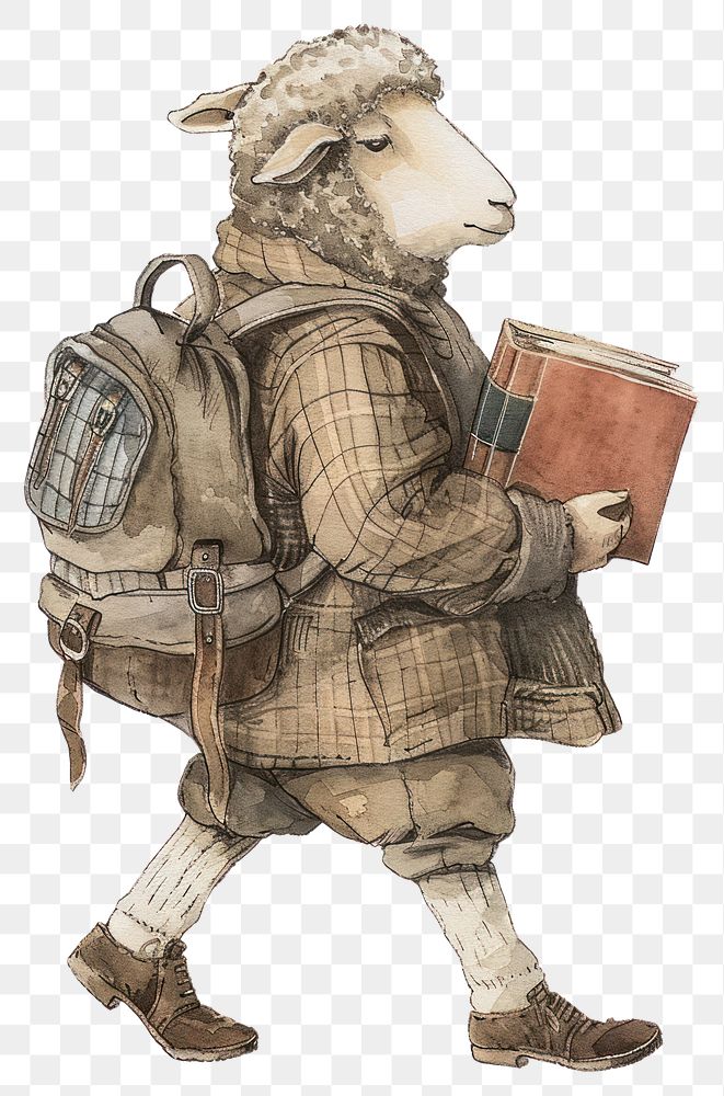 PNG A sheep carry a book watercolor art illustration backpack.