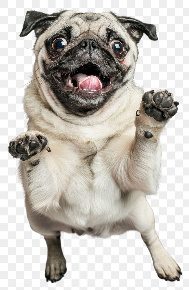 PNG A Pug dog is jumping up pug photography expression.