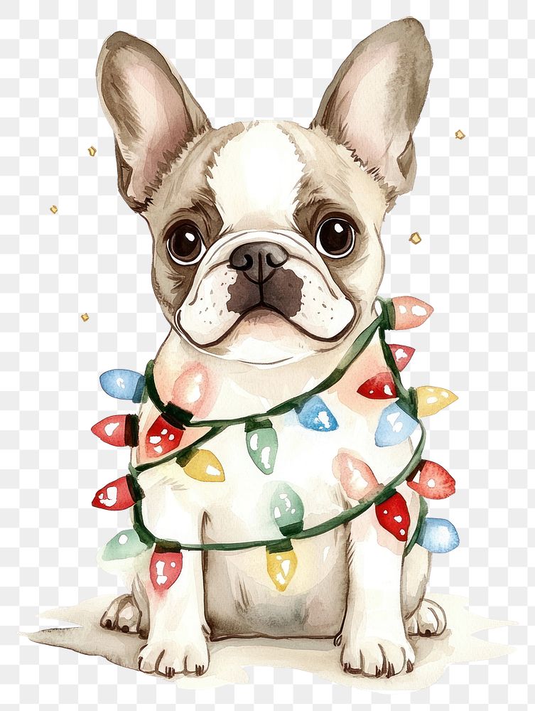 PNG Cute dog wrapped in Christmas Lights bulldog illustration christmas.