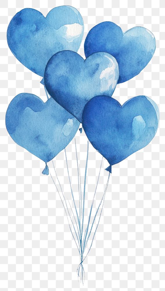 PNG Six blue heart-shaped balloons illustration watercolor watercolor illustration.