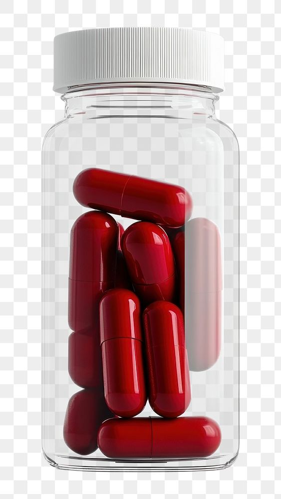 PNG An isolated transparent bottle contain red capsule vitamin medication capsules medical.