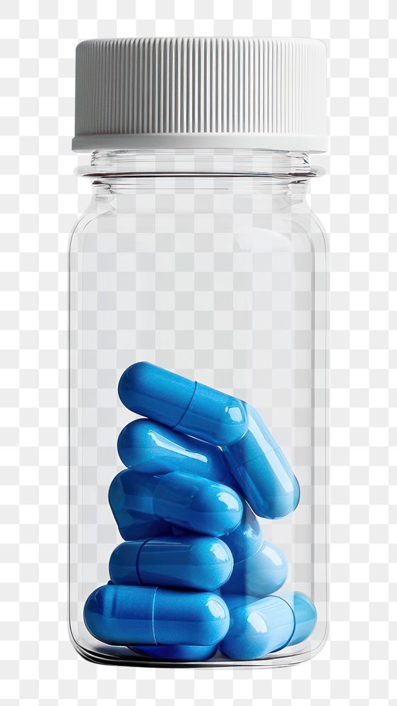 PNG An isolated transparent bottle full of blue capsule vitamin capsules pharmaceutical blue capsules.