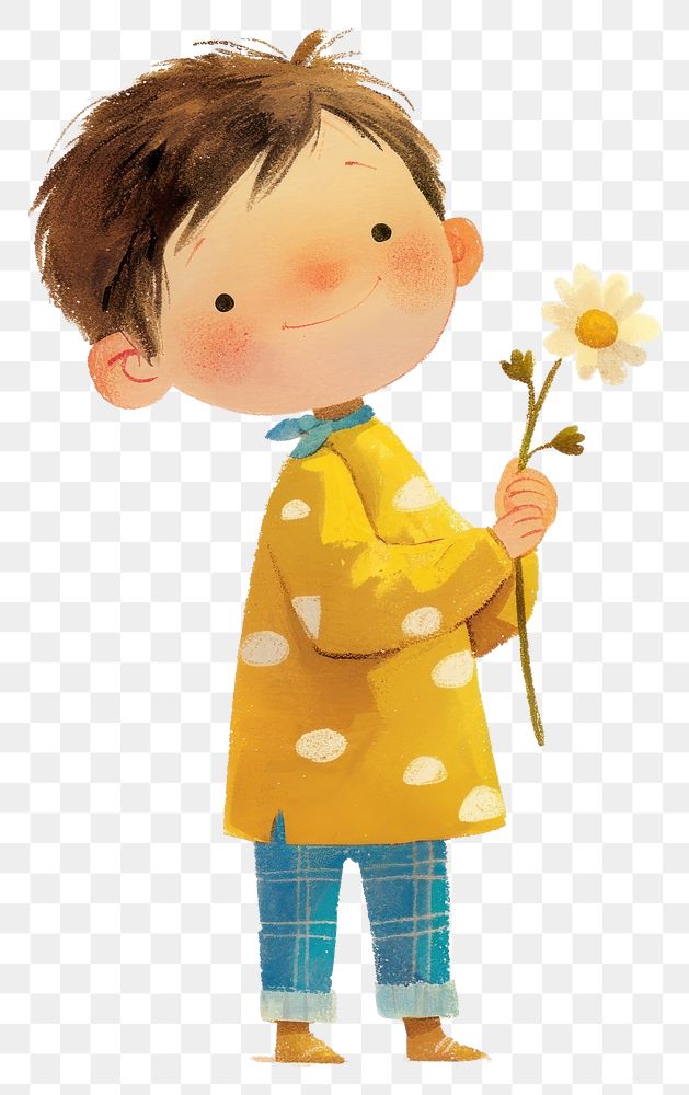 PNG A cute boy holding flower illustration children's style.