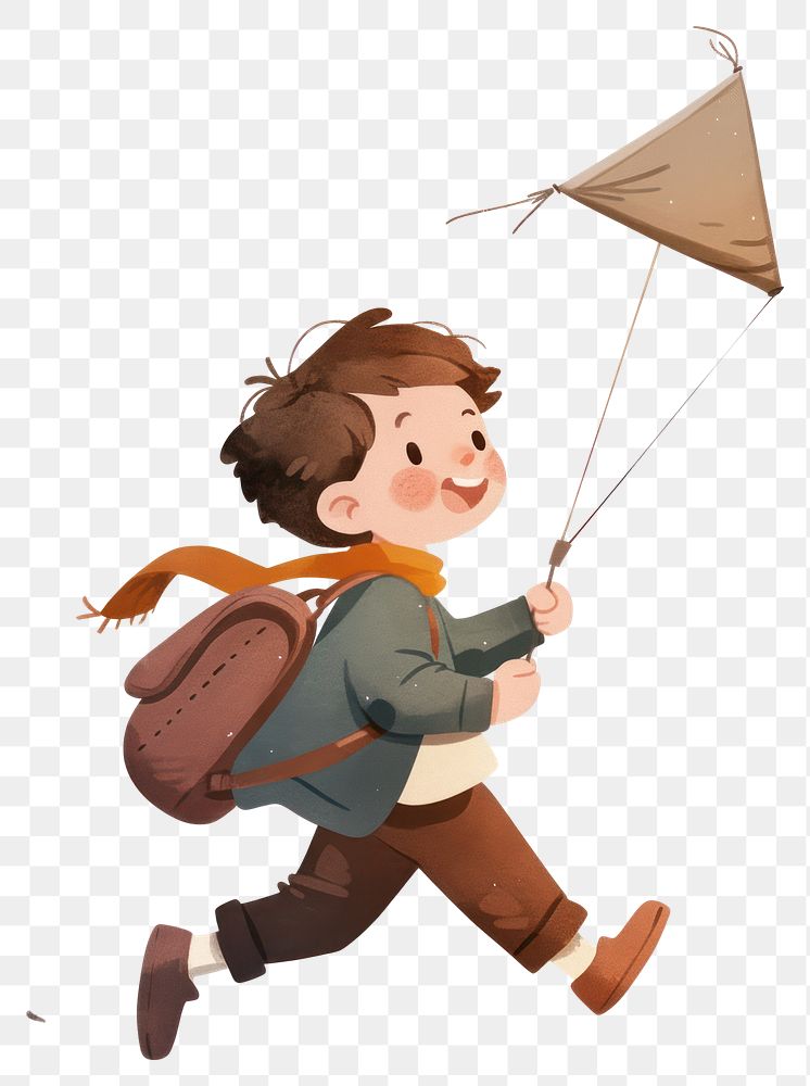 PNG A cute boy Running with a kite illustration running child.