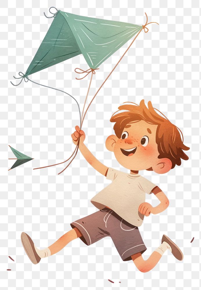 PNG A cute boy Running with a kite child art illustrated.