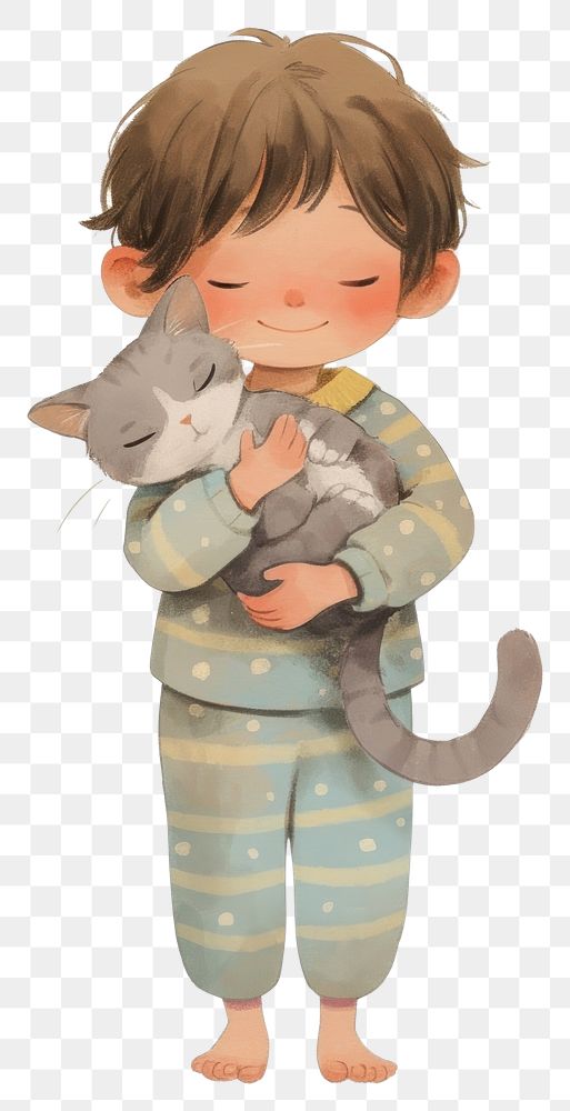 PNG A cute boyholding a cat illustration colors child.