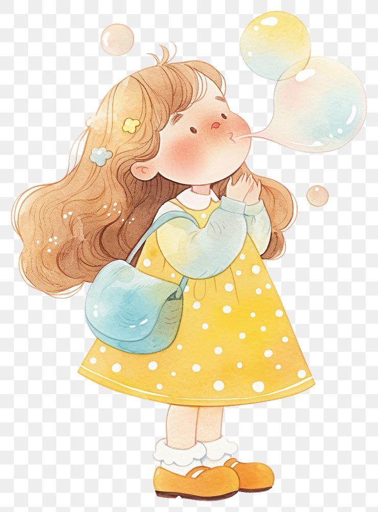 PNG A cute girl blowing bubbles illustration watercolor child.