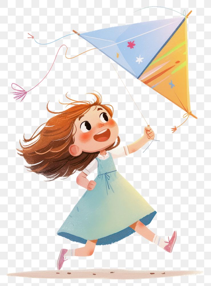 PNG A cute girl Running with a kite child illustration children's.