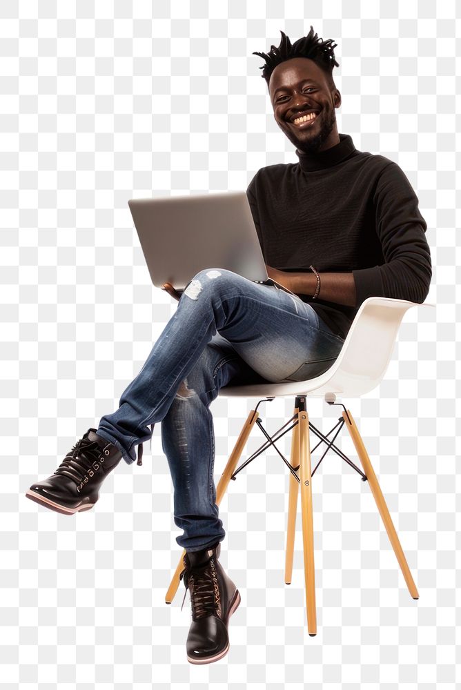 PNG Black man smile to a camera with a laptop sitting background chair.