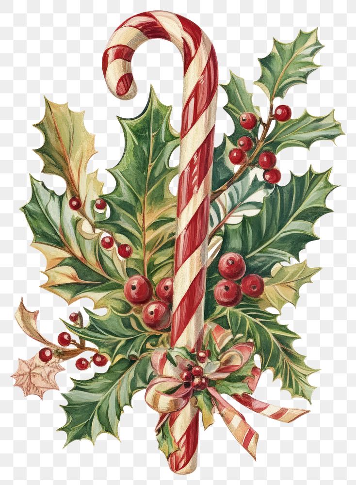 PNG Candy cane and holly illustration confectionery celebration.