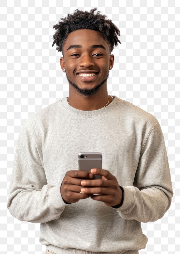 PNG Smiling young black man holding a phone portrait background clothing.