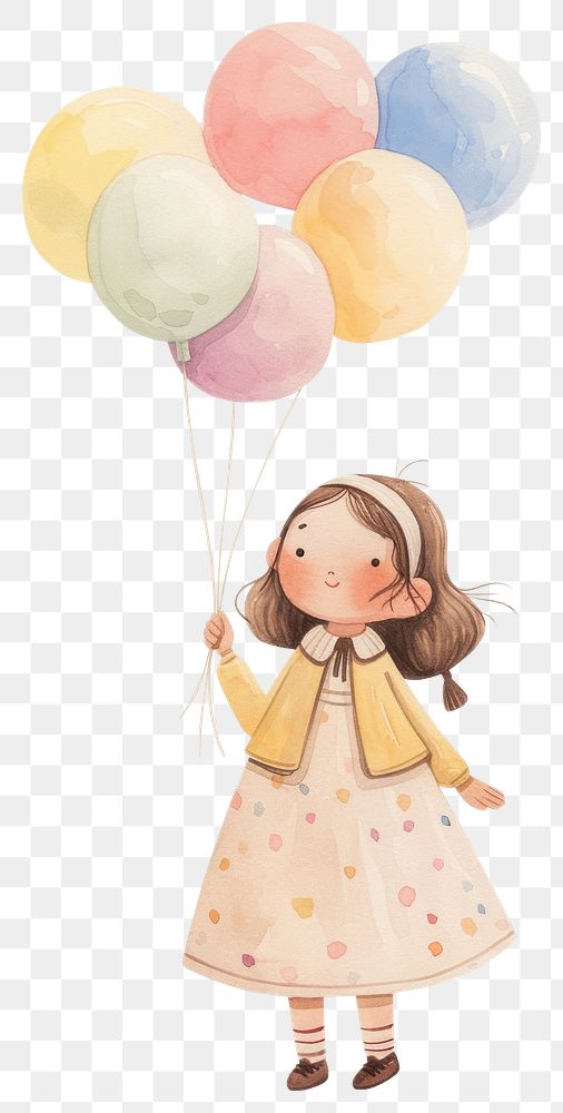 PNG A cute girl Holding a balloon string clipart in the style of watercolor illustration balloons child holding.