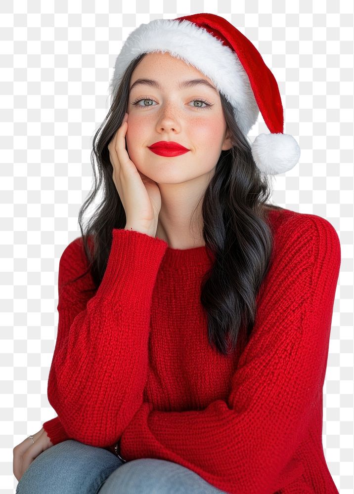 PNG Woman wearing Christmas-themed and a Santa hat sweater christmas portrait.