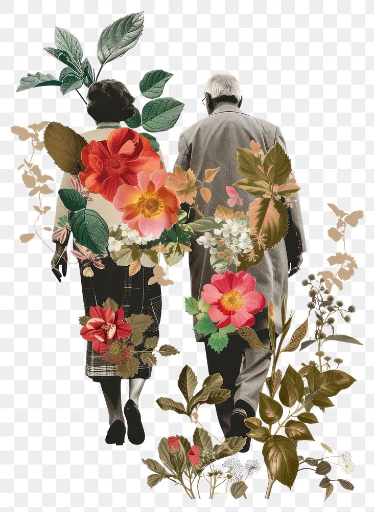 PNG Elder couple walking flower pattern plant.