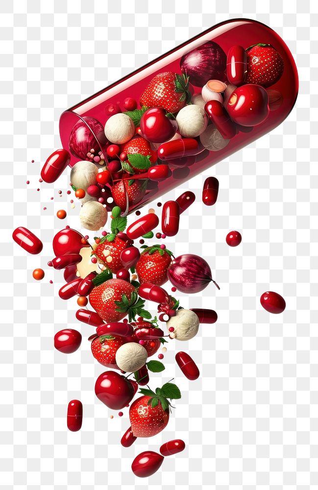 PNG Red and white capsule with fruits and vegetables falling out from top to bottom plant pill food.