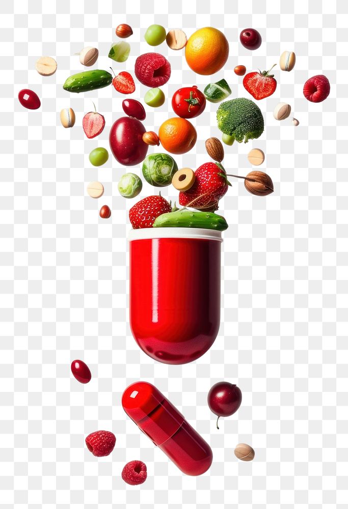 PNG Red and white capsule with fruits and vegetables falling out from top to bottom plant food antioxidant.