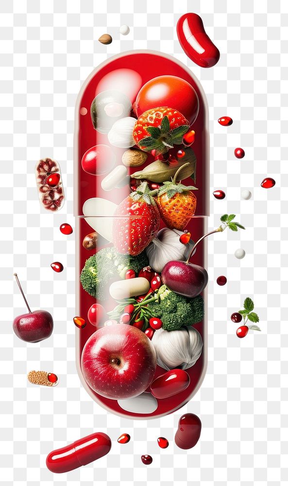 PNG Red and white capsule with fruits and vegetables falling out from top to bottom plant food pill.
